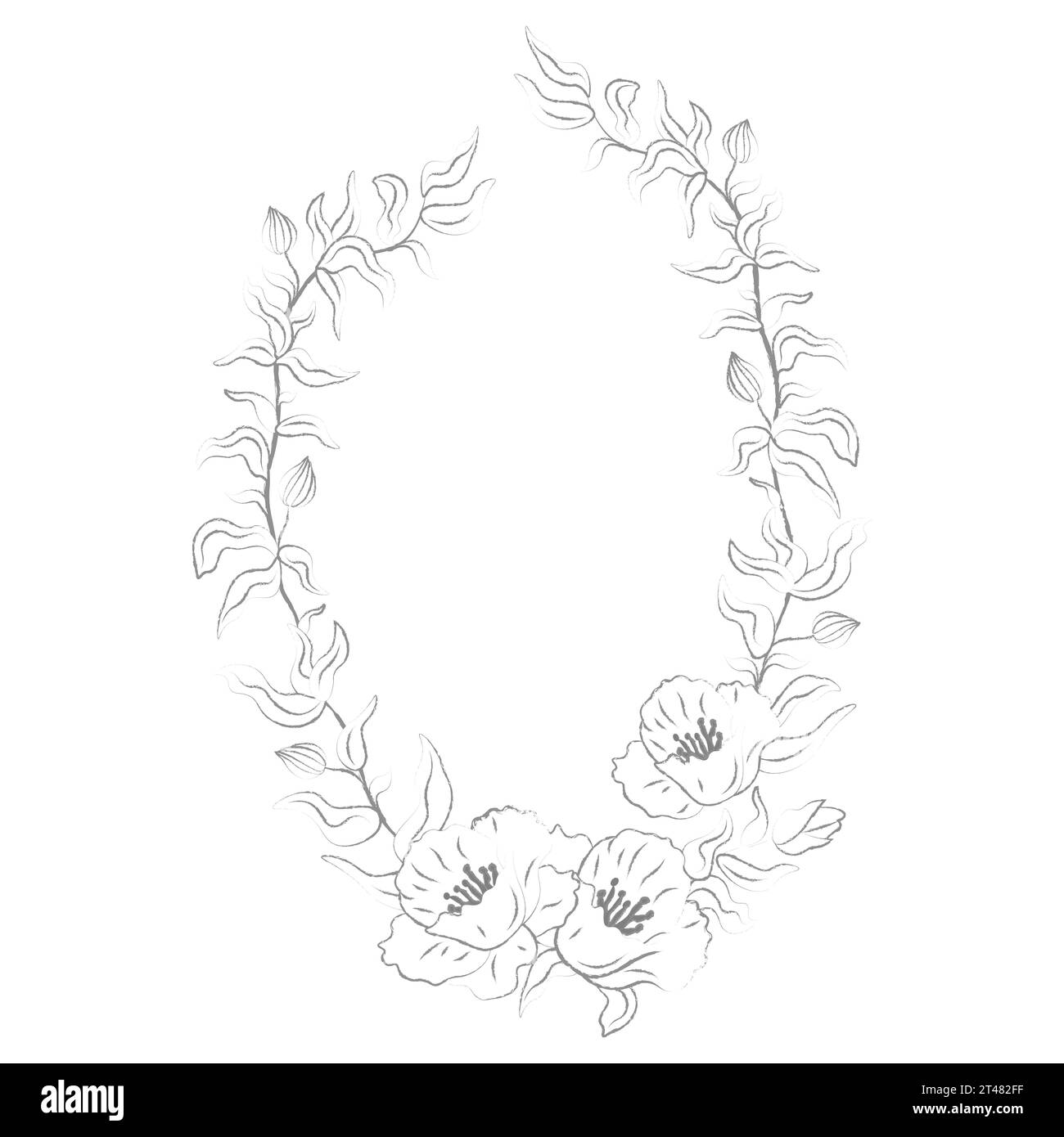 composizione ovale dello striscione lineare vettoriale di foglie e fiori Illustrazione Vettoriale