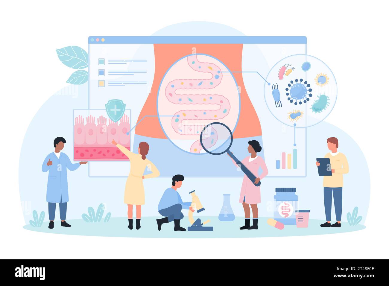 Illustrazione del vettore di ricerca sul microbioma intestinale. Cartoni animati le persone piccole con lente di ingrandimento controllano la salute del tratto digestivo e della barriera intestinale per microbiota su diagramma infografico della struttura del colon Illustrazione Vettoriale