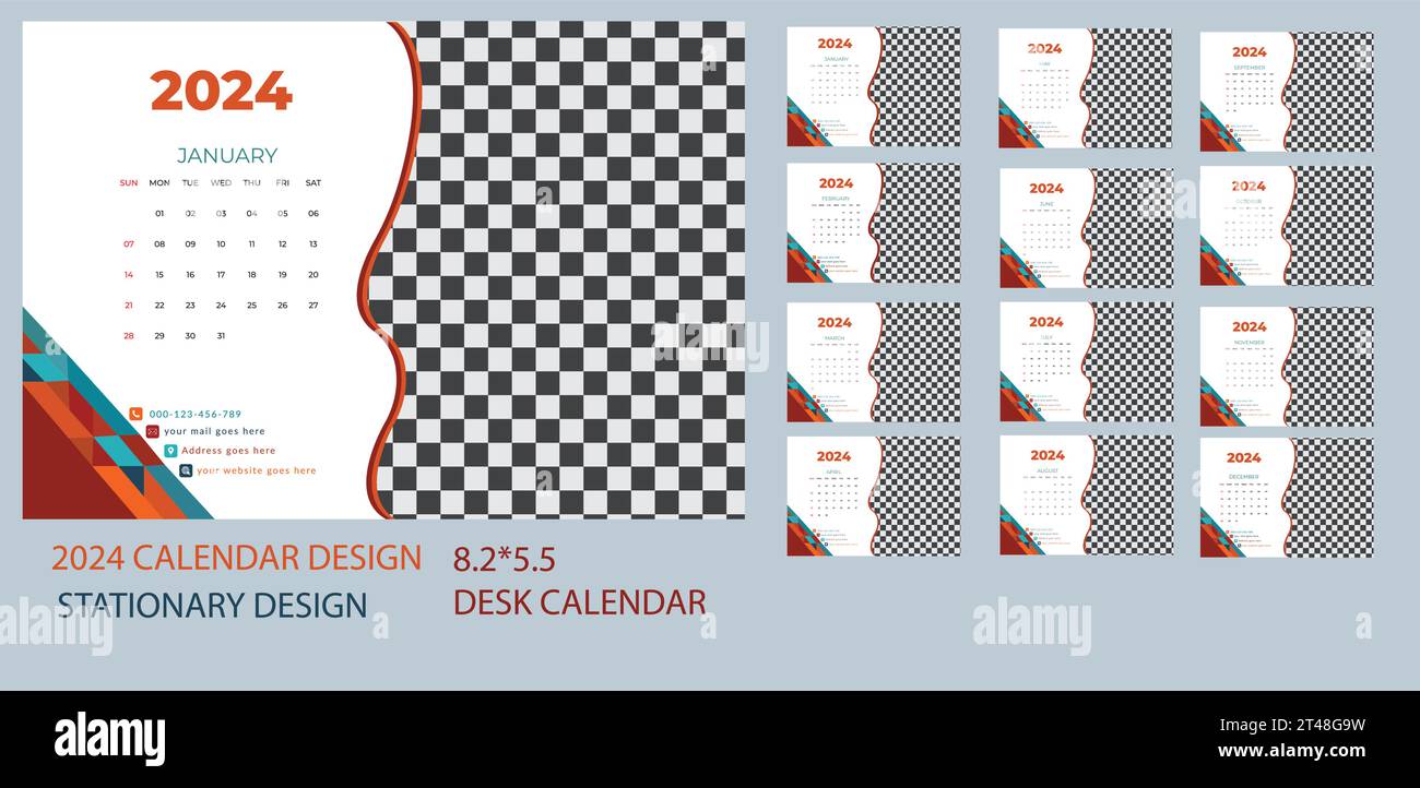 2024 modello di Calendar Planner con spazio per foto e logo aziendale. Layout vettoriale di un calendario semplice da parete o scrivania con inizio settimana domenica. Illustrazione Vettoriale