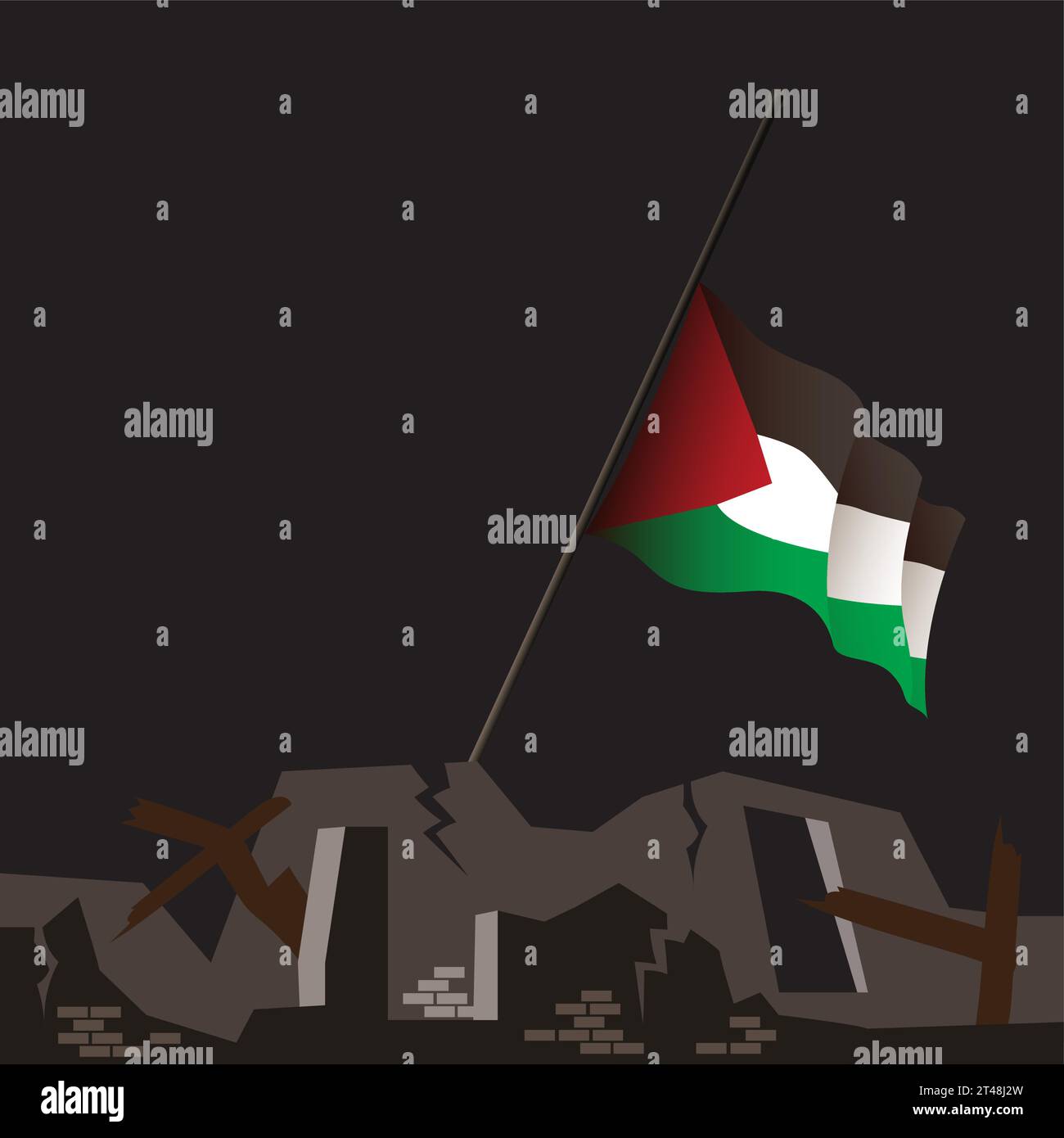 Illustrazione catastrofica e devastante guerra in Palestina. Disastro nella Striscia di Gaza 2023 guerra di Israele. Sventolando la bandiera della Palestina si abbassò a metà. Città in rovina Illustrazione Vettoriale