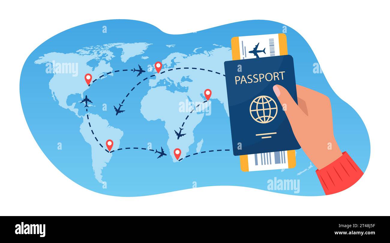 Passaporto con biglietto aereo in mano umana, mappa di viaggio mondiale con aerei, rotte di volo e segnapunti. Concetto di tempo di viaggio. Volo internazionale. Illustrazione Vettoriale