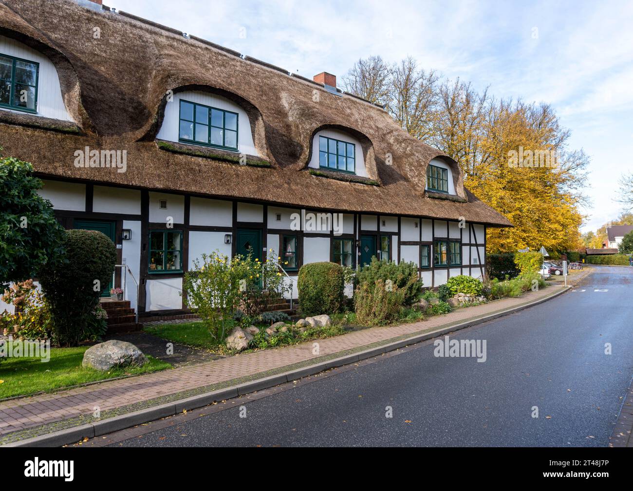 affascinante casa in legno con tetto in paglia si trova pacificamente lungo una strada tranquilla, incorniciata da un fogliame autunnale e giardini ben curati in un velo pittoresco Foto Stock