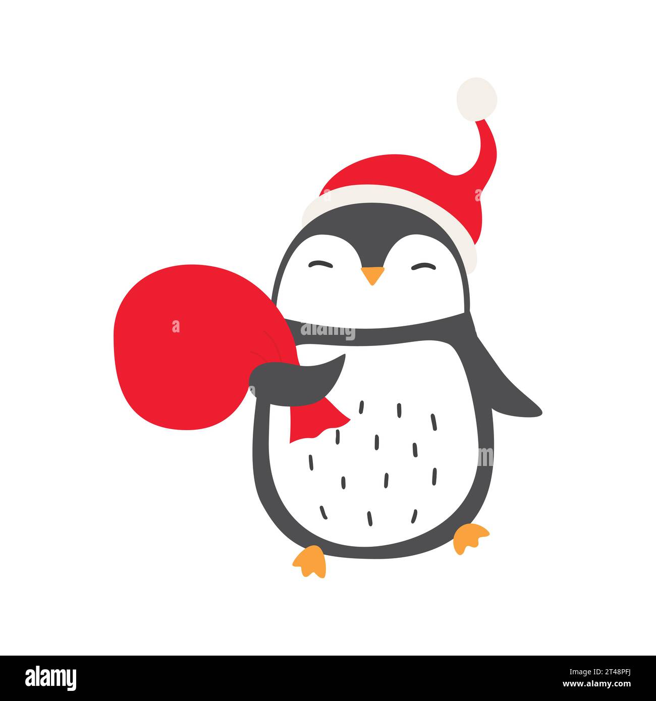 Illustrazione del pinguino di Natale nel cappello di Babbo Natale con borsa di regali Illustrazione Vettoriale