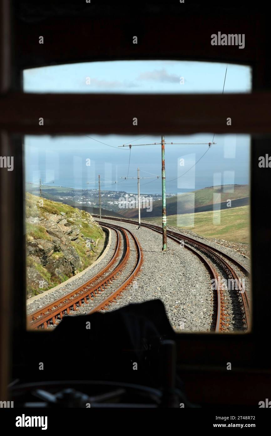 Vista dal tram Snaefell Mountain Railway che scende dalla stazione di Snaefell, Isle of Man. Foto Stock