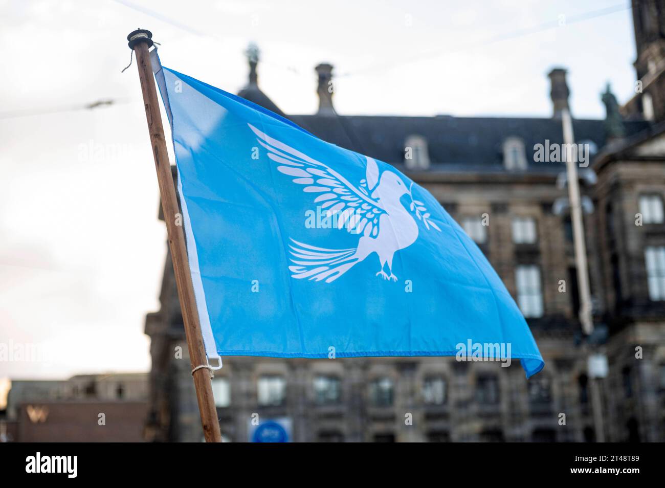 Amsterdam Paesi Bassi. 29 ottobre 2023. Con una notevole assenza di bandiere nazionali o di altri paesi, migliaia di persone camminano in silenzio attraverso il centro di Amsterdam per manifestare per la pace. Con la guerra che continua tra Ucraina e Russia e Israele e Palestina, la marcia richiede la fine di tutte le ostilità. Delle bandiere presenti, una colomba bianca con un ramo d'olivo pace, vredesmars, demonstratie, manifestatie, olijventak, duif, witte, Credit: Imago/Alamy Live News Foto Stock