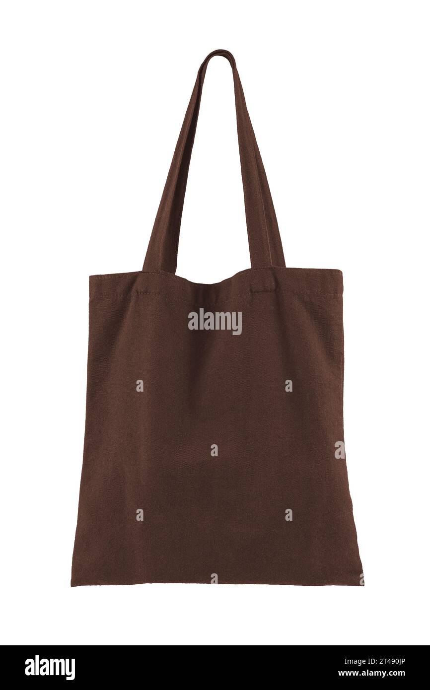 Tessuto in cotone, sacco in lino, borsa tote isolata su sfondo bianco. Shopping bag marrone riutilizzabile per la spesa, mockup, modello per design, copia Foto Stock