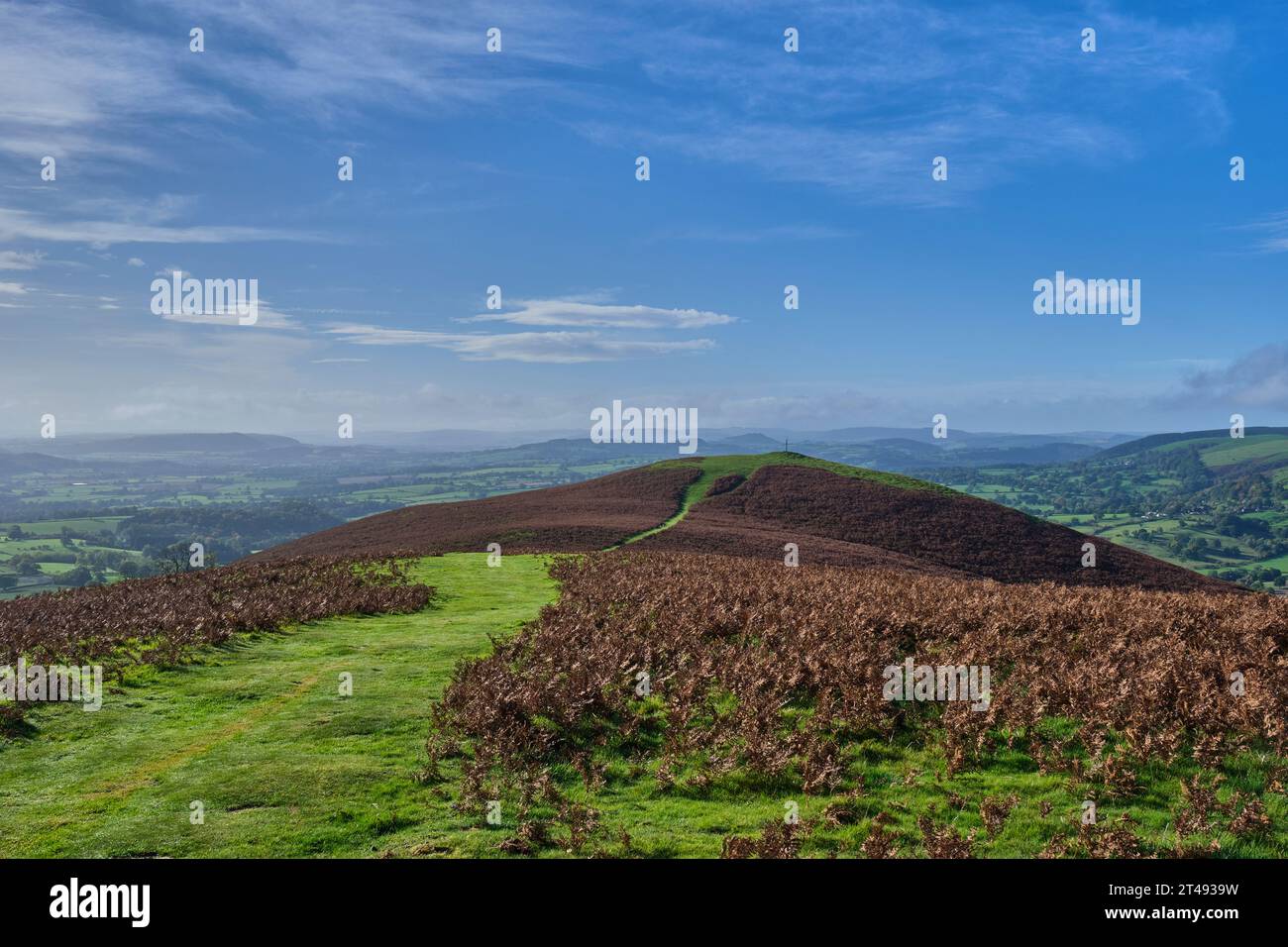 Ragleth Hill e South Shropshire, viste dalla cima di Ragleth Hill, Church Stretton, Shropshire Foto Stock