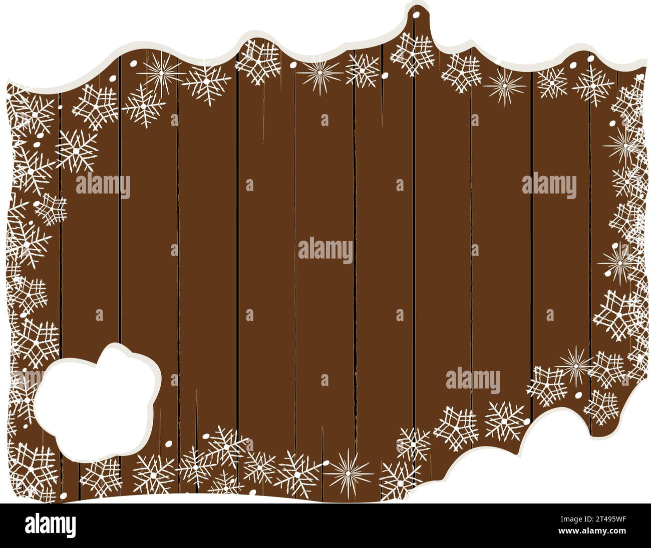 Neve e fiocchi di neve che coprono i bordi di una tavola di legno; illustrazione di una tavola di legno con neve sui bordi; telaio invernale Illustrazione Vettoriale