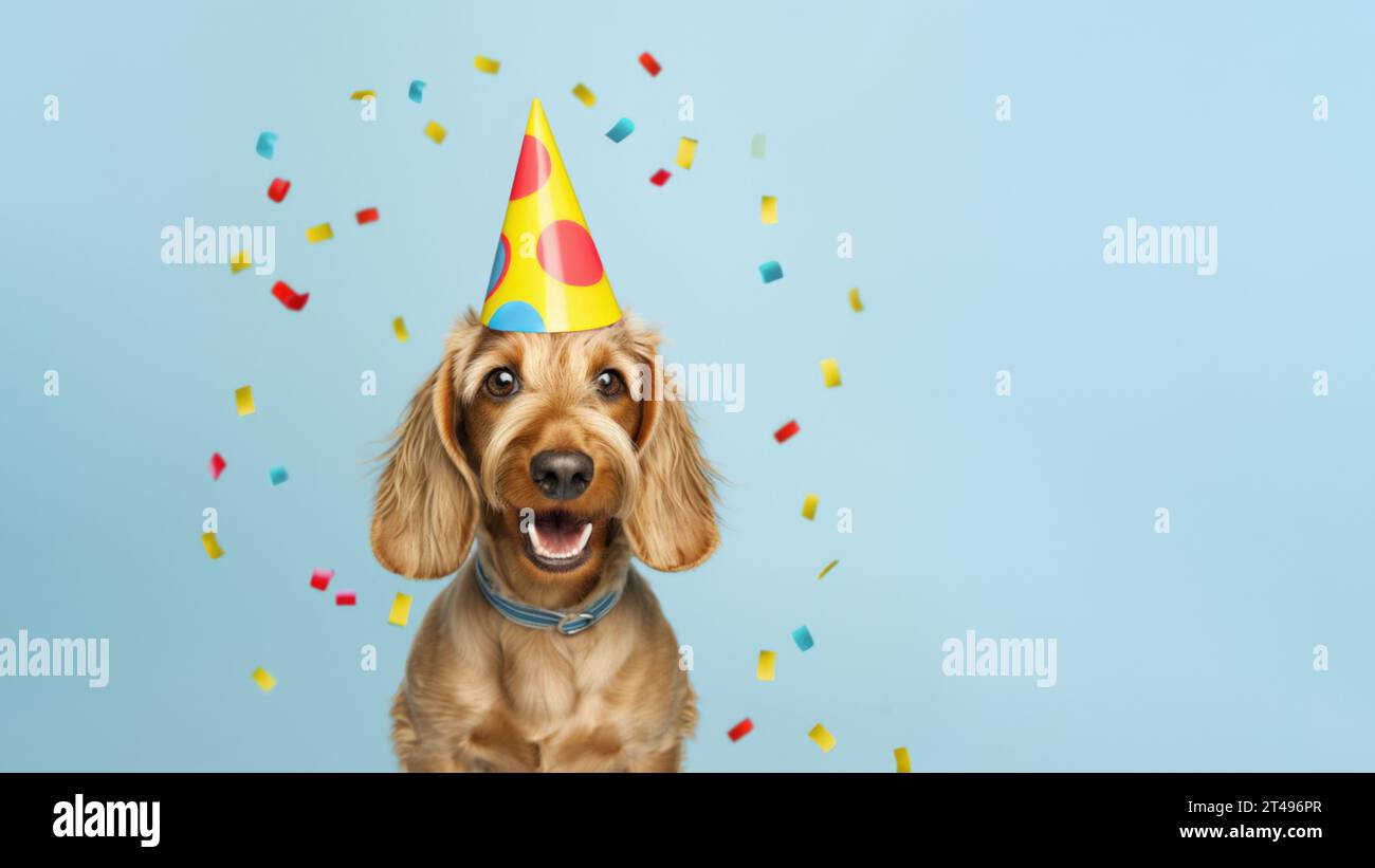 Felice e carino cane da ballo che indossa un cappello da festa per festeggiare una festa di compleanno, circondato da coriandoli caduti Foto Stock