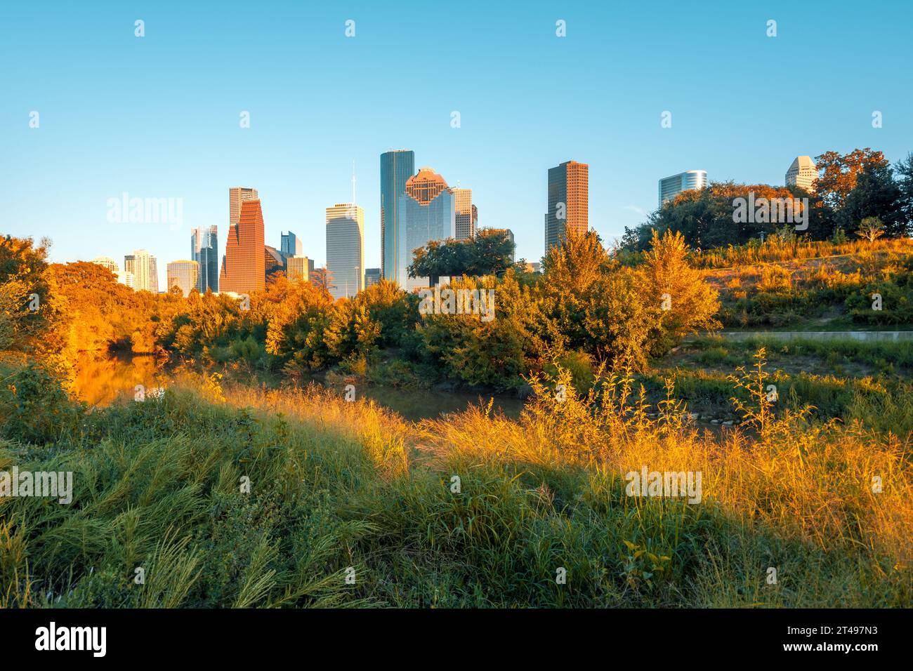 Grattacieli del centro di Houston al tramonto. Buffalo Bayou Park. Texas, Stati Uniti Foto Stock