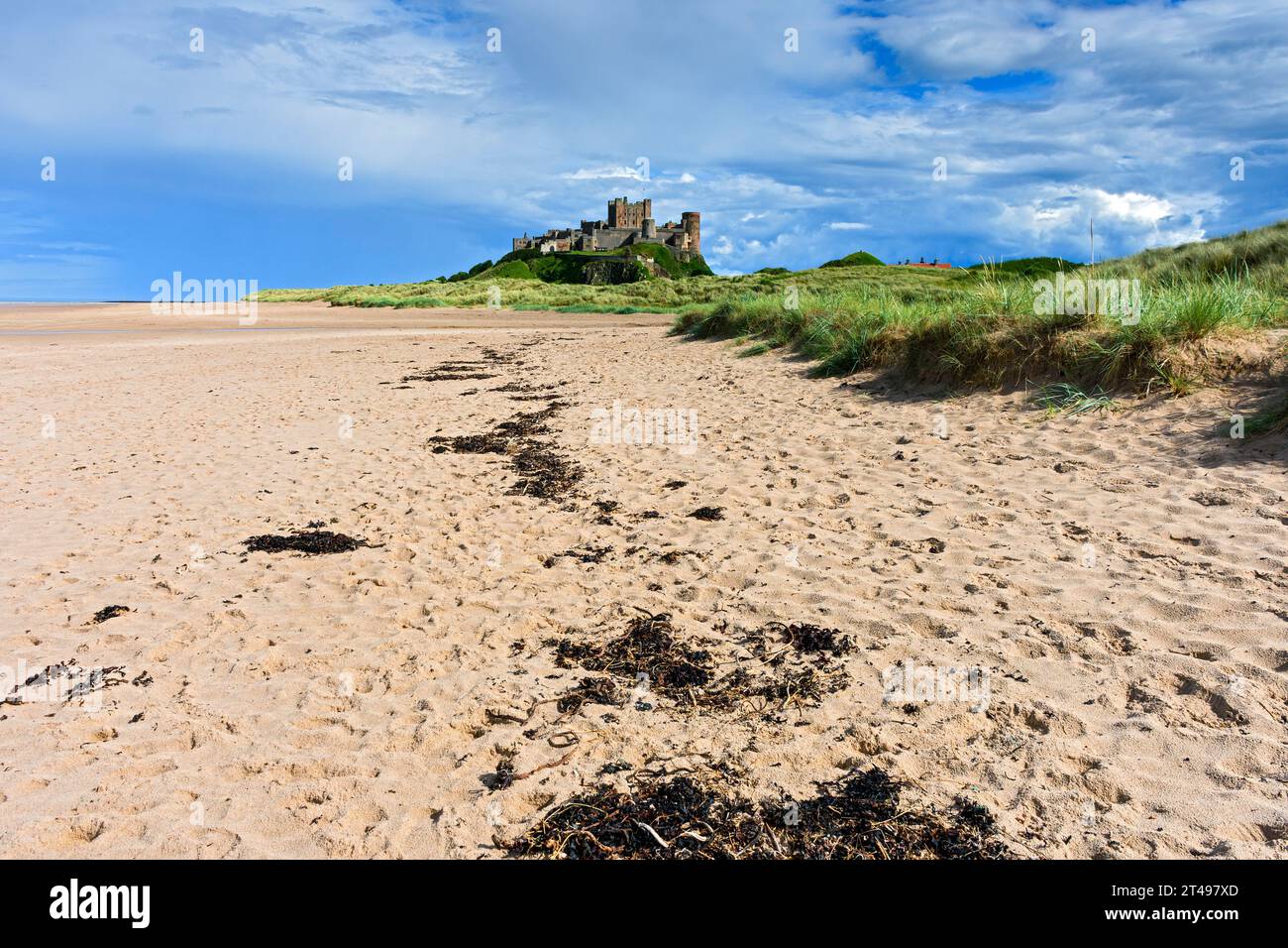 Castello di Bamburgh dalla spiaggia del castello di Bamburgh, Bamburgh, Northumberland, Inghilterra, Regno Unito Foto Stock