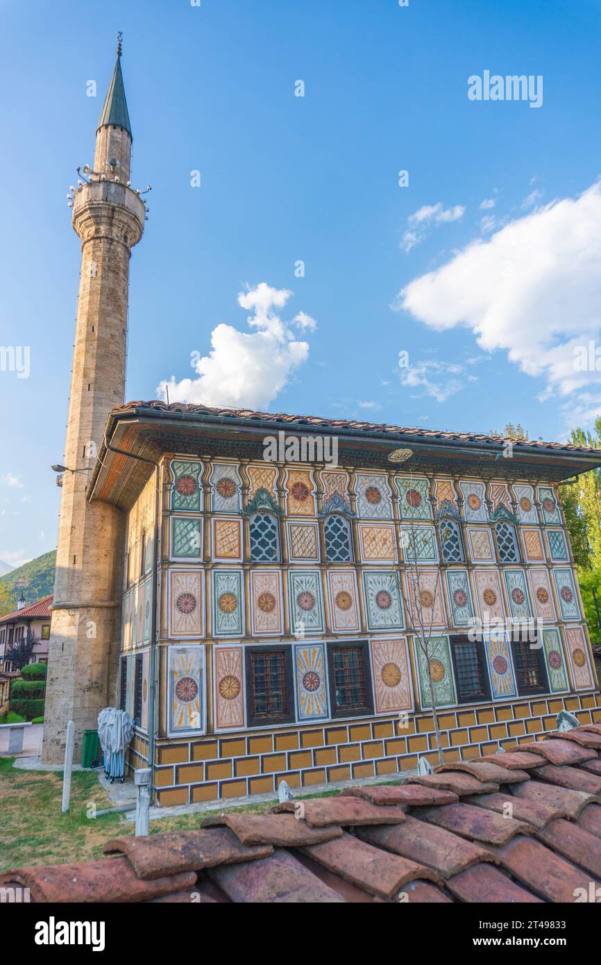 Una vista esterna della moschea dipinta nella città di Tetovo, nella Macedonia del Nord. Sarena Dzamija, moschea decorata Tetove Foto Stock