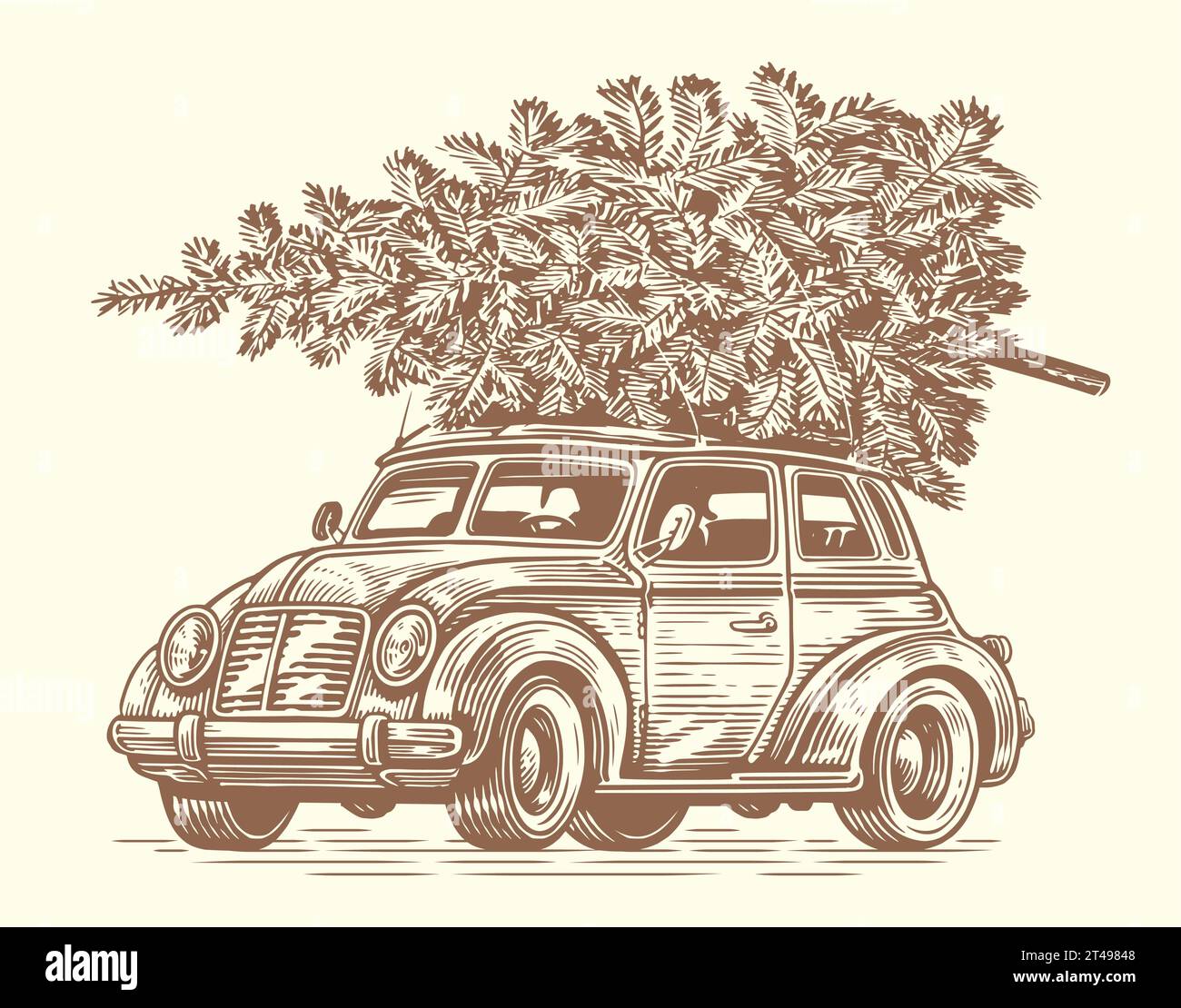 Auto retrò con un albero di Natale in cima. Illustrazione nello stile di schizzo. Grafica vettoriale disegnata a mano Illustrazione Vettoriale