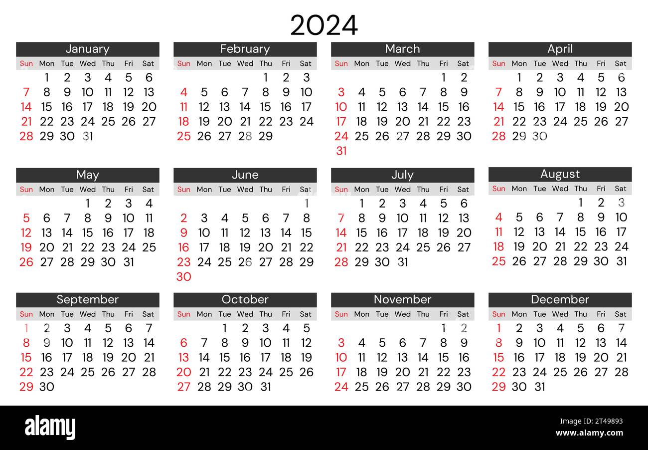 calendario 2024, orizzontale. Illustrazione vettoriale moderna. Pianifica il tuo anno con stile Illustrazione Vettoriale