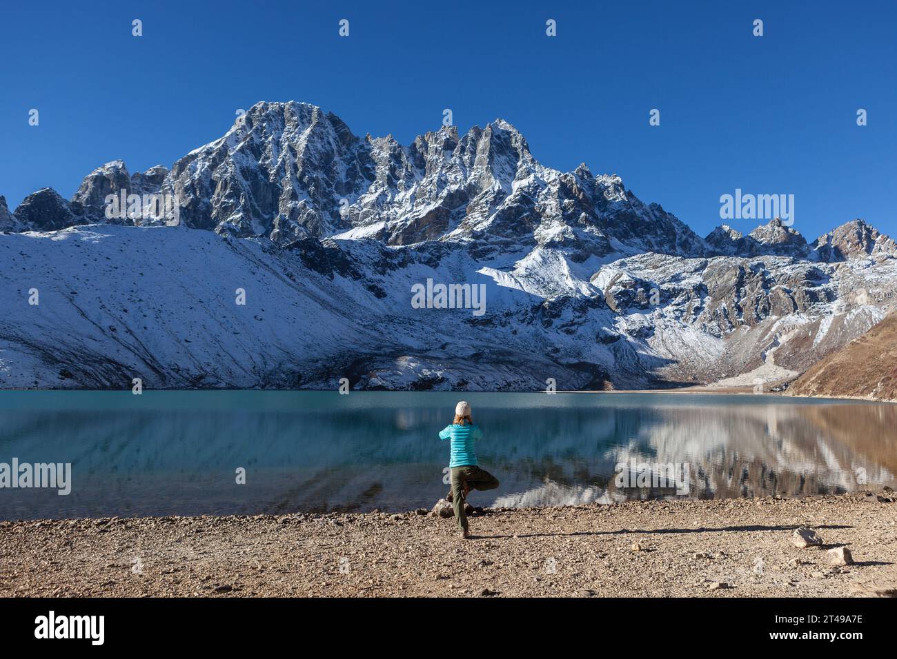 Giovane donna che pratica yoga posi sugli alberi (vriksasana) sulla riva del lago turchese Gokyo sotto vette innevate. Foto Stock