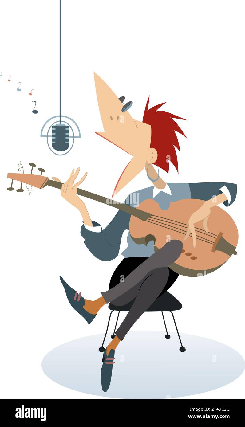 Chitarrista canta. Musicista dei cartoni animati che suona la chitarra e canta. Isolato su sfondo bianco Illustrazione Vettoriale