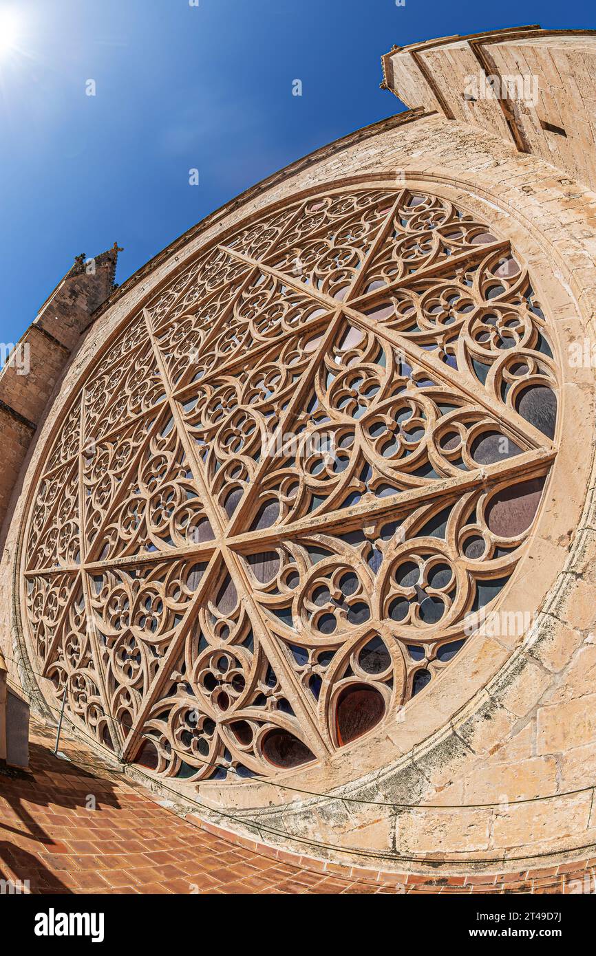 Vista della finestra Rose dalla terrazza della Cattedrale di Santa Maria di Palma, la Seu, una cattedrale gotica romano-cattolica a Palma, Spagna. Costruzione iniziata b Foto Stock