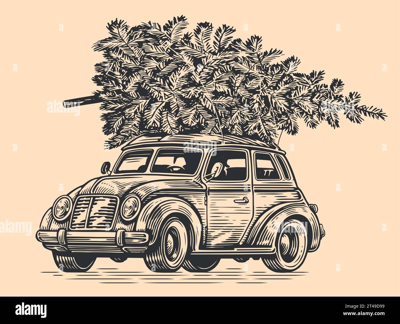 Auto retrò natalizia disegnata a mano con pino in stile sketch. Buon Natale illustrazione vettoriale vintage Illustrazione Vettoriale