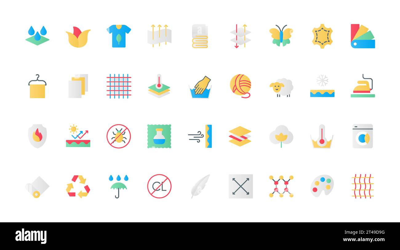 Le icone piatte caratteristiche e proprietà del tessuto consentono di impostare l'illustrazione vettoriale. Simboli di pelle e lana, tessuti di cotone e piume, materiali e strati antibatterici e impermeabili. Illustrazione Vettoriale