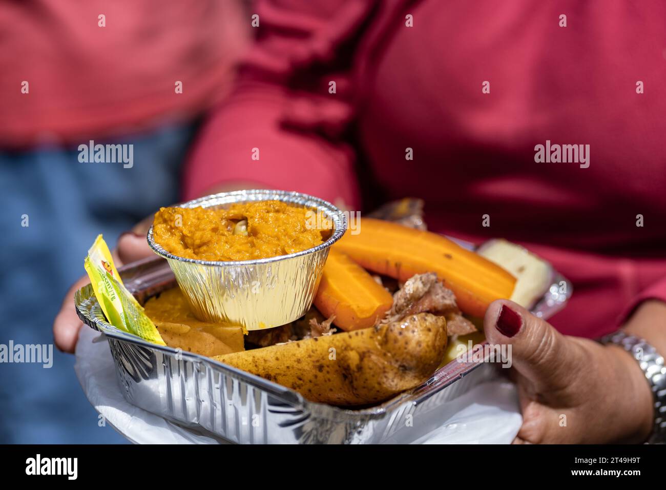 Una donna tiene un piccolo vassoio con verdure e carne preparate sottoterra come parte della cerimonia del curanto, un cibo tradizionale della Patagonia. Colonia Foto Stock