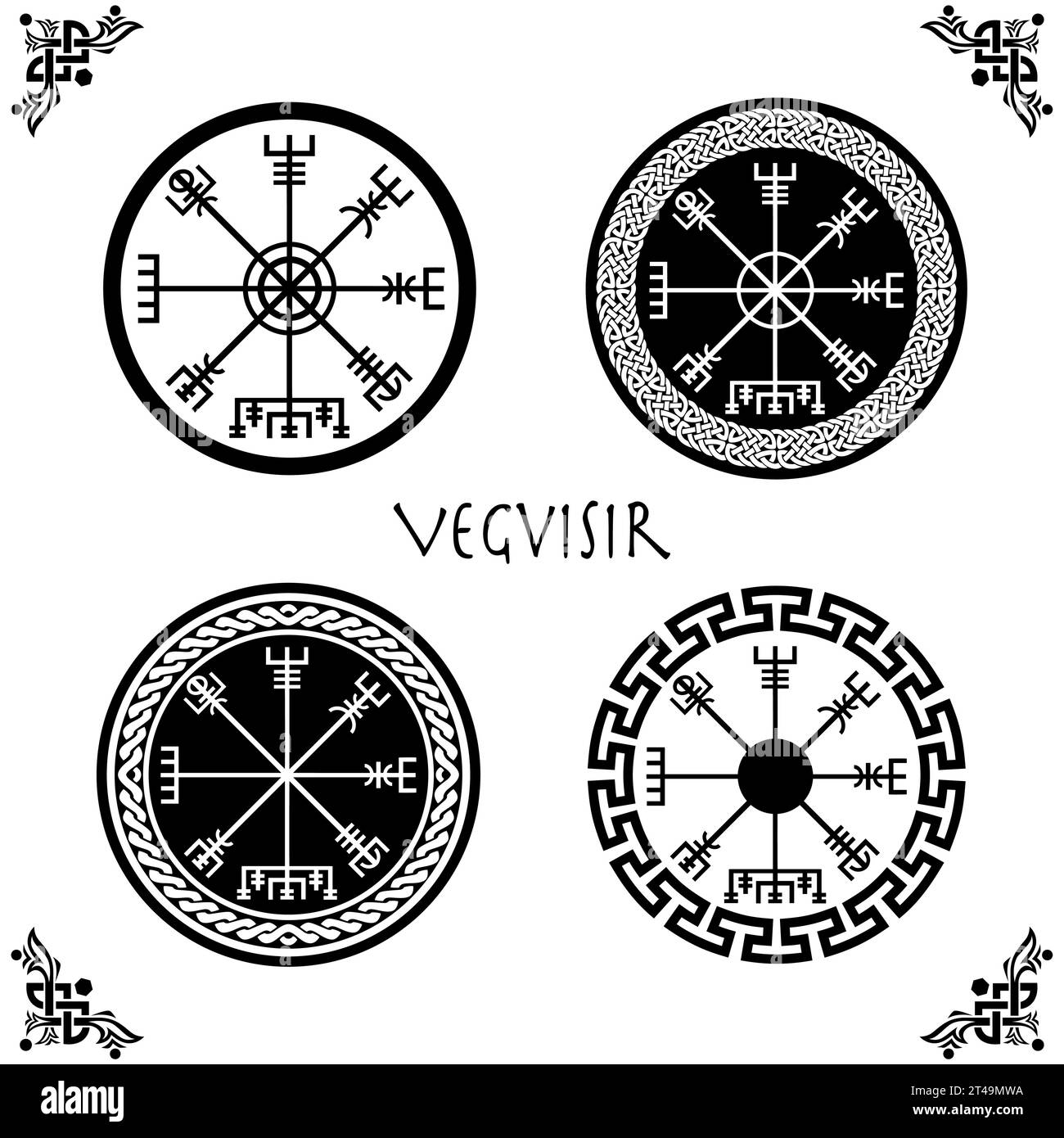 Set di Viking Vegvisir Futhark Rune Magical Navigator Compass con cornici circolari celtiche. Talismano runico protettivo per viaggiatori. Bussola Illustrazione Vettoriale