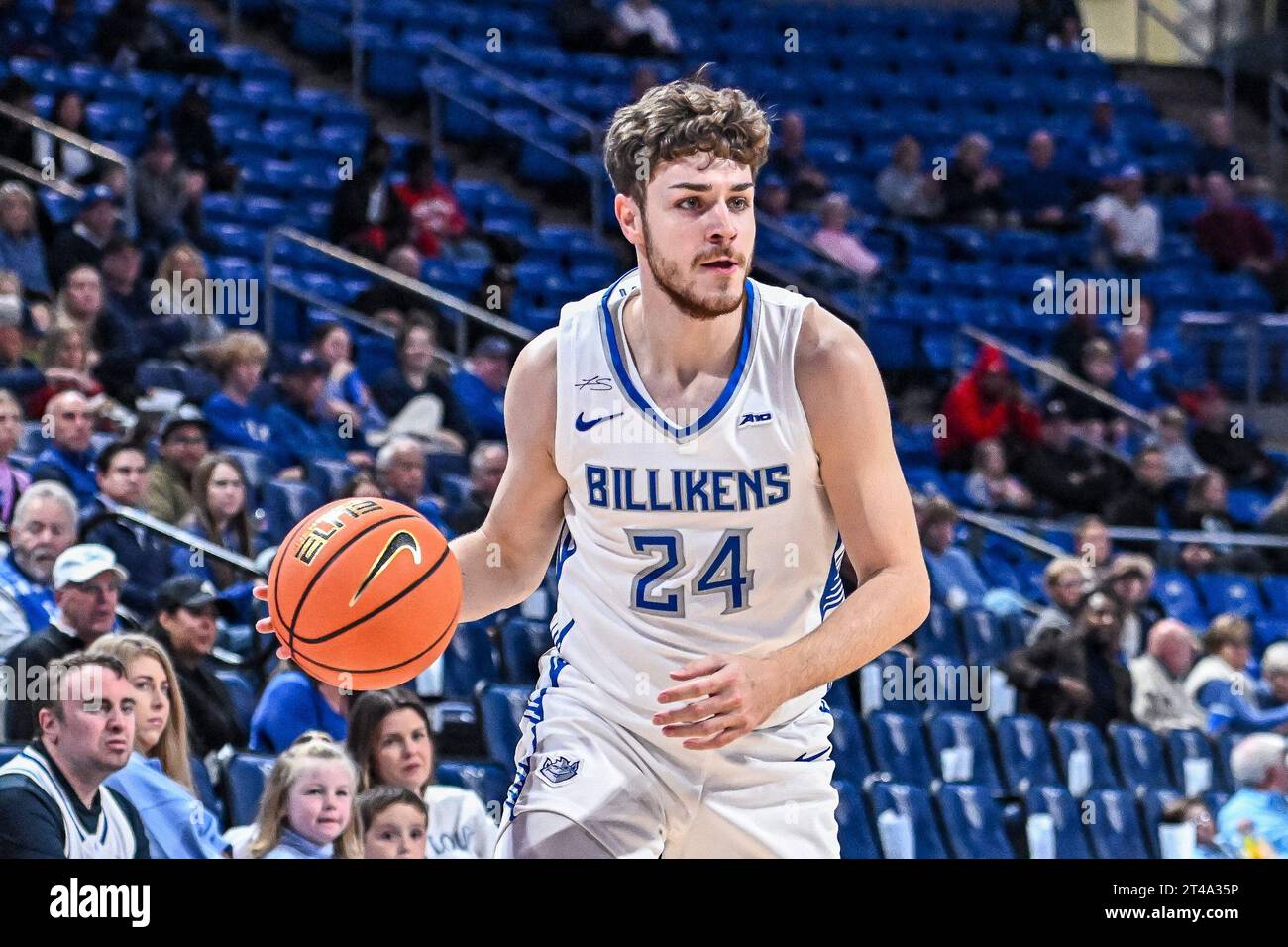 29 OTTOBRE 2023: Saint Louis Billikens guardia Gibson Jimerson (24) in un gioco espositivo in cui i Berea College Mountaineers visitarono il St. Louis Billikens. Si tiene alla Chaifetz Arena di St. Louis, Missouri, domenica 29 ottobre 2023 Richard Ulreich/CSM Foto Stock