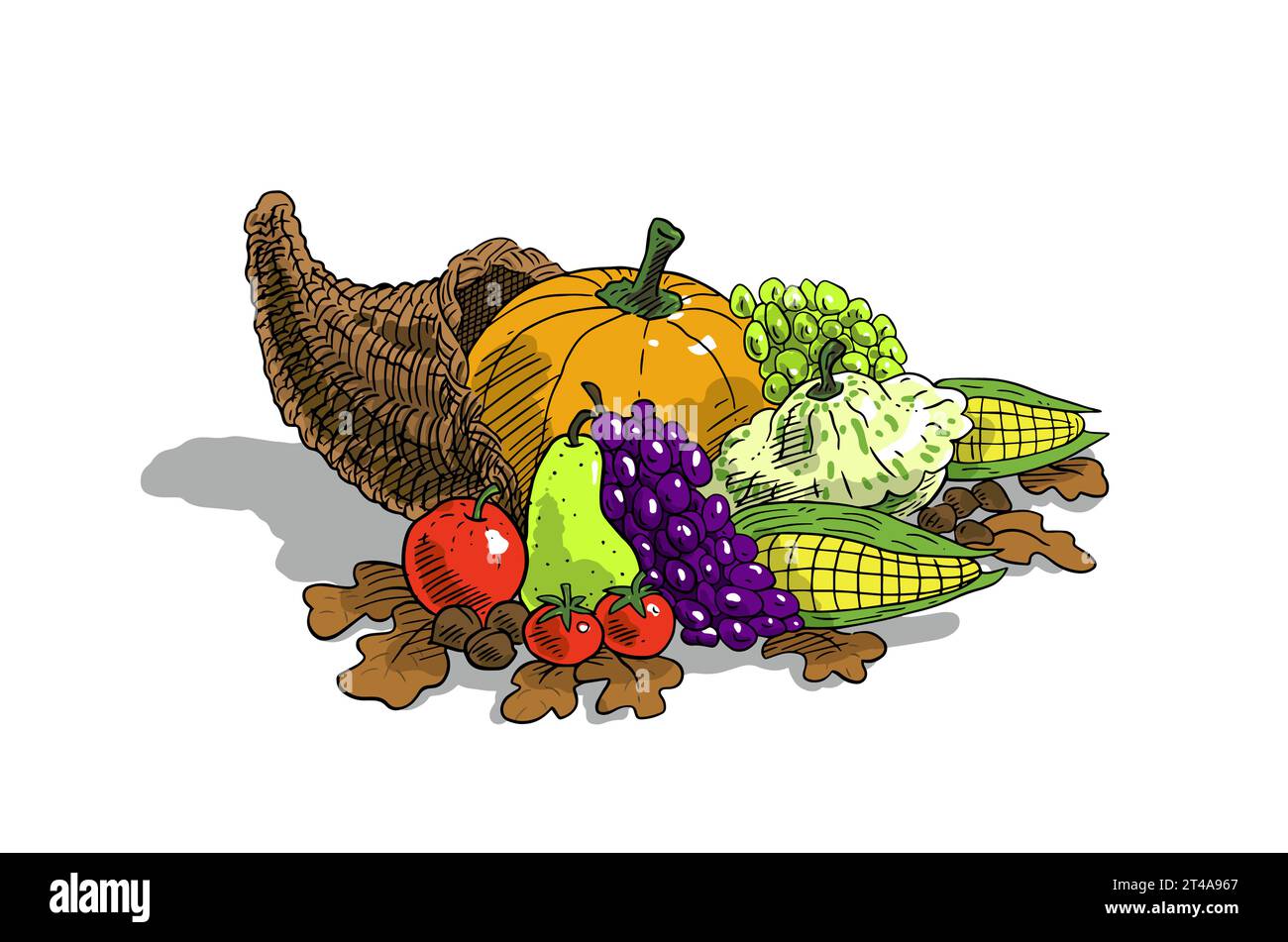 Cornucopia autunnale (corno di abbondanza) con zucche illustrazione vettoriale del giorno del Ringraziamento Illustrazione Vettoriale