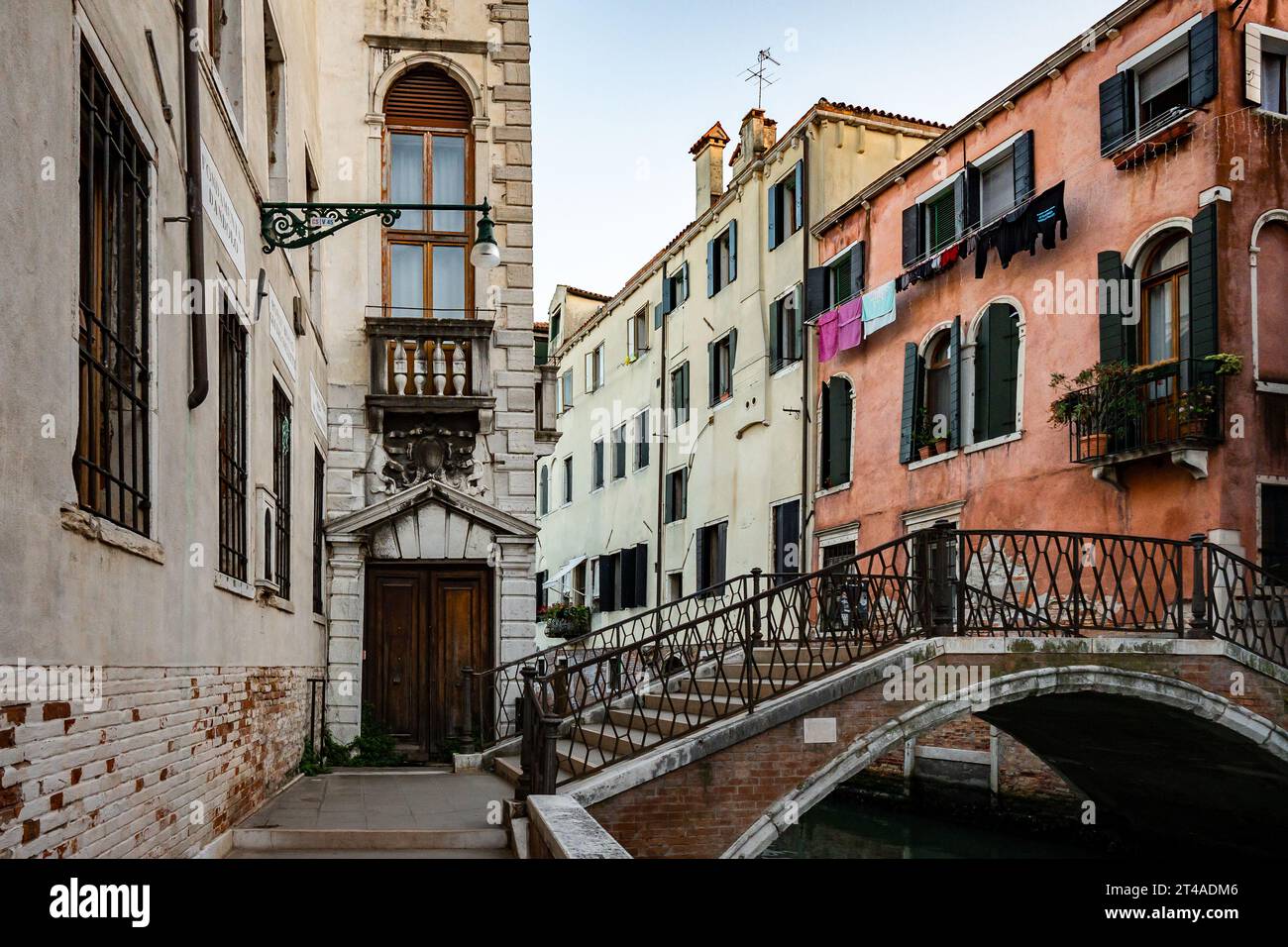 Canale panoramico con ponte e antichi edifici con piante in vaso a Venezia, Italia Foto Stock