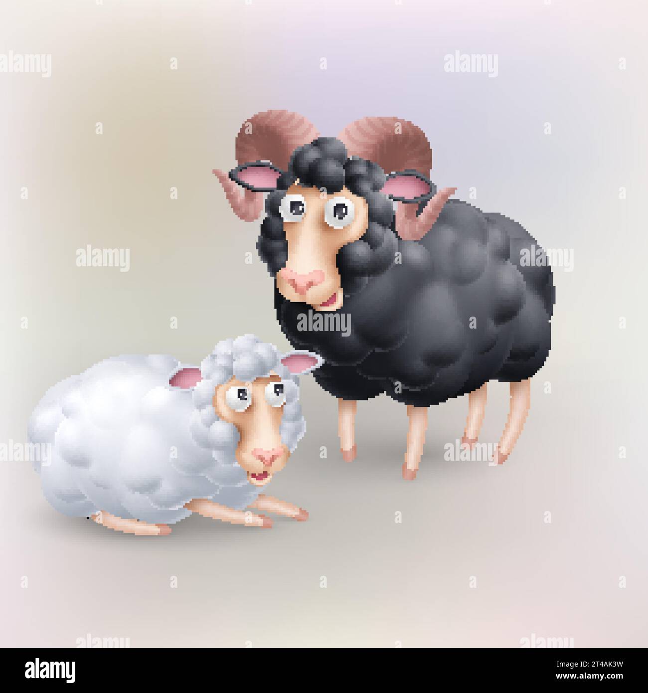 Simpatici e divertenti due personaggi delle pecore nere e bianche. Illustrazione di Cartoon di coppia di pecore. Modello perfetto per progetti di eventi per bambini, biglietti di compleanno, Illustrazione Vettoriale