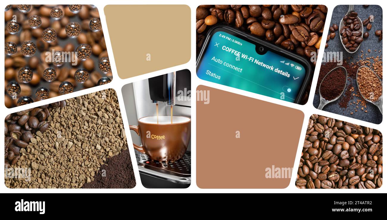 Collage con diversi tipi di caffè, macchina da caffè, telefono cellulare, rete wi-fi. Concetto di caffetteria con accesso Internet. Foto Stock