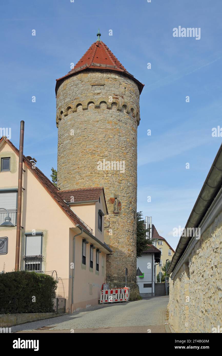 Storica torre dei ladri e torre dei mulini costruita nel XV secolo, Vaihingen an der Enz, Baden-Wuerttemberg, Germania Foto Stock