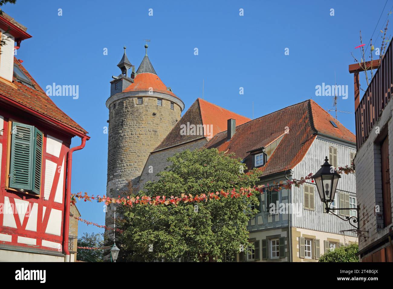 Vista di Obere Burg con la storica Schochenturm costruita nel 1220, casa in legno, casa in pietra, Besigheim, valle del Neckar, Baden-Wuerttemberg, Germania Foto Stock