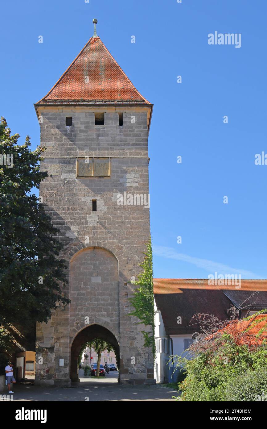 Rinderbacher Turm costruito nel 1350, Schwaebisch Gmuend, Baden-Wuerttemberg, Germania Foto Stock
