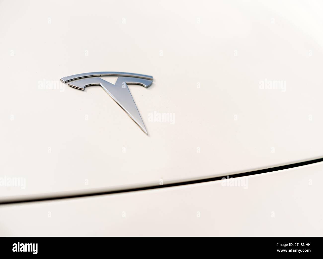 Primo piano dell'auto elettrica Tesla di colore bianco. Novi Sad, Serbia - 09.08.2023. Foto Stock