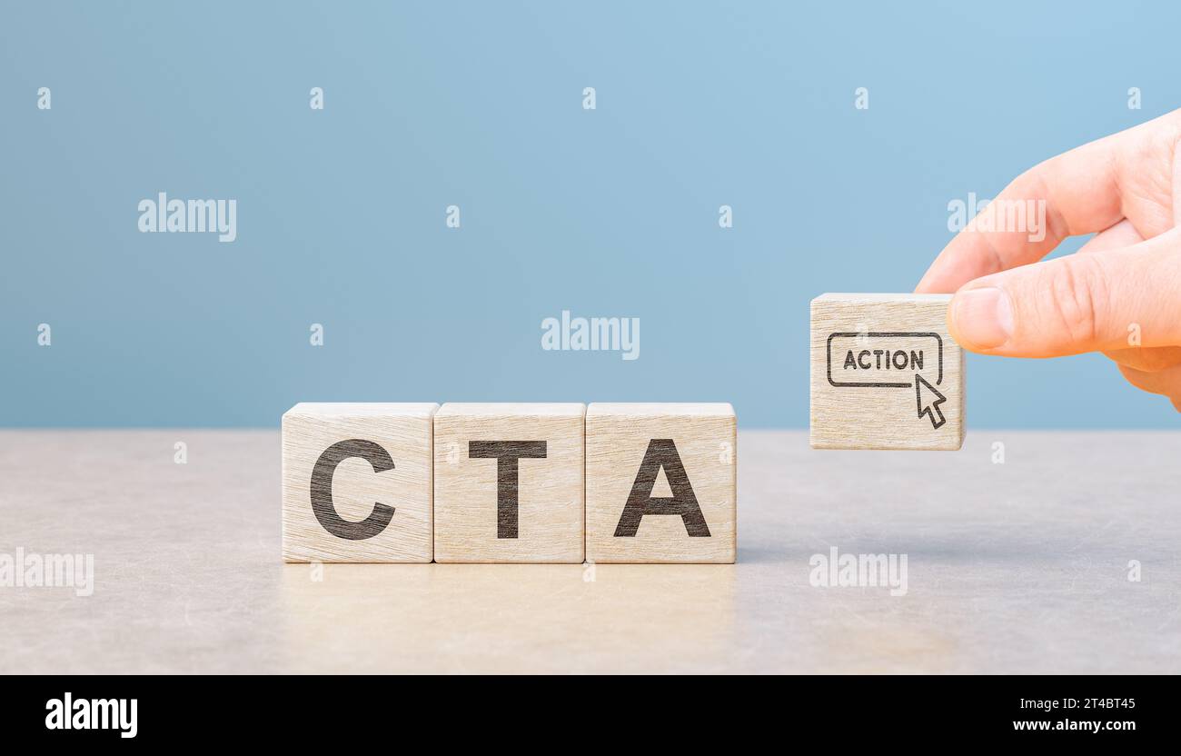 Motivazione del cliente per l'acquisto di beni. Call to Action CTA, acronimo commerciale Concept on Wooden Cubes. Invito all'azione in materia di pubblicità e comunicazione c Foto Stock