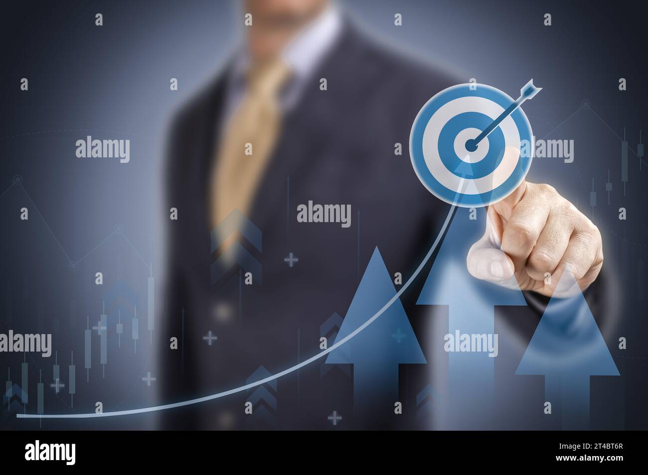 Concetto di successo per raggiungere e raggiungere gli obiettivi aziendali. Successo dell'azienda, uomo d'affari sceglie Icon obiettivo e raggiungimento successo, strategia, pianificazione e targe Foto Stock