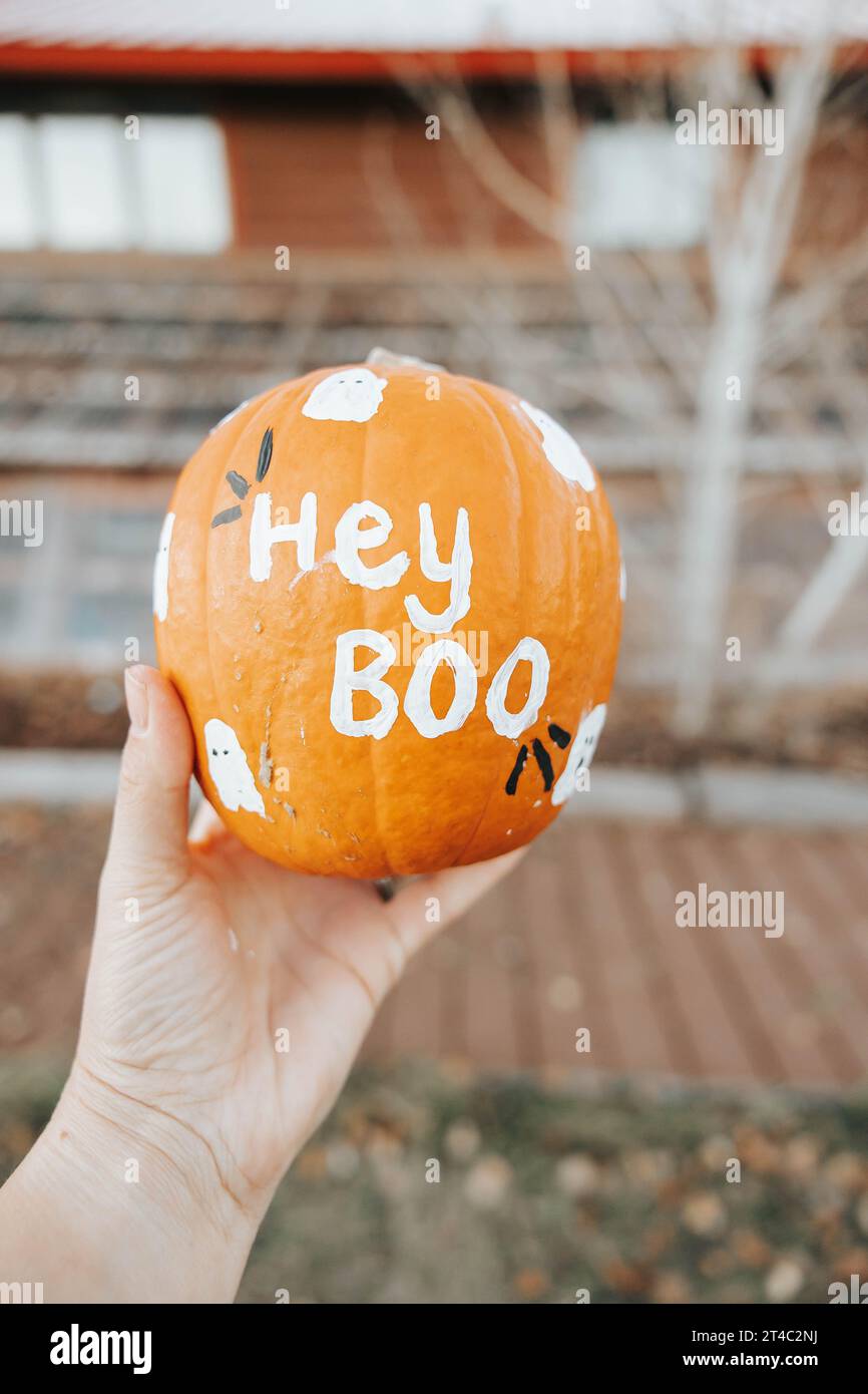 Lady tiene una piccola zucca con arte fantasma Foto Stock