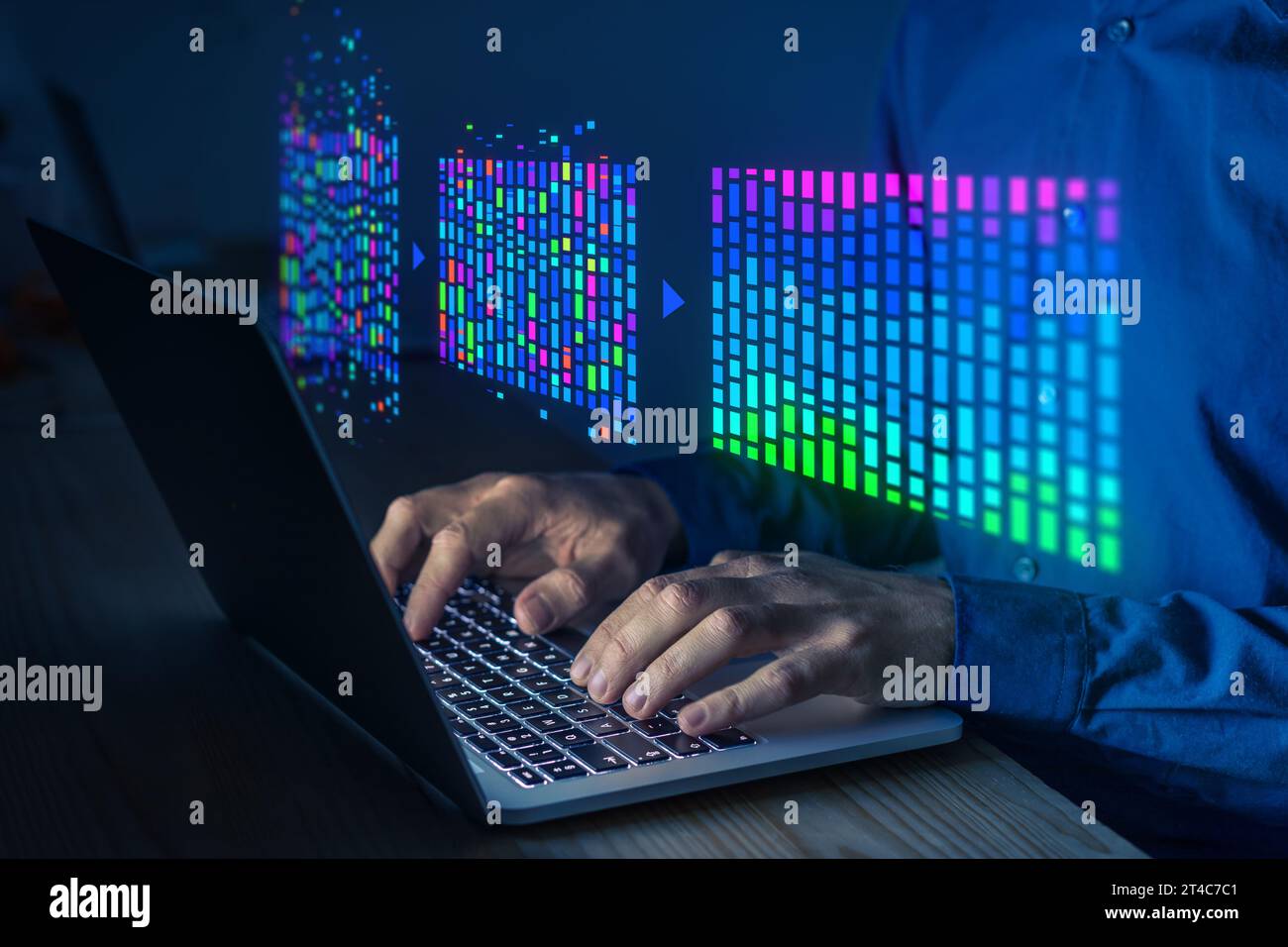 Big data e tecnologia di intelligenza artificiale. Scienza dei dati e analisi dei dati. Scienziato che analizza insiemi di dati complessi su computer. Data mining, intelligenza artificiale, m Foto Stock