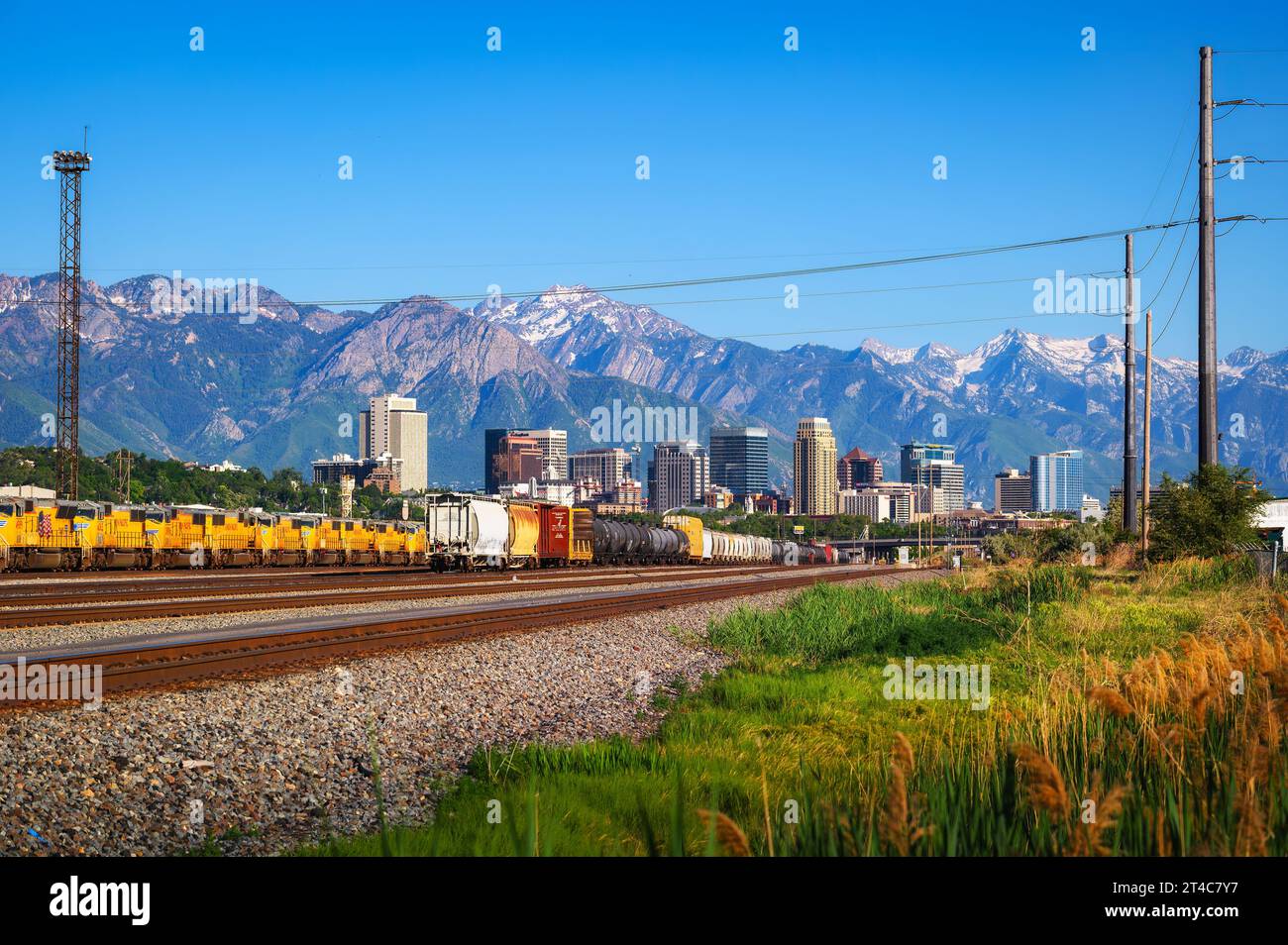 Treni e locomotive diesel allineati a Salt Lake City Foto Stock