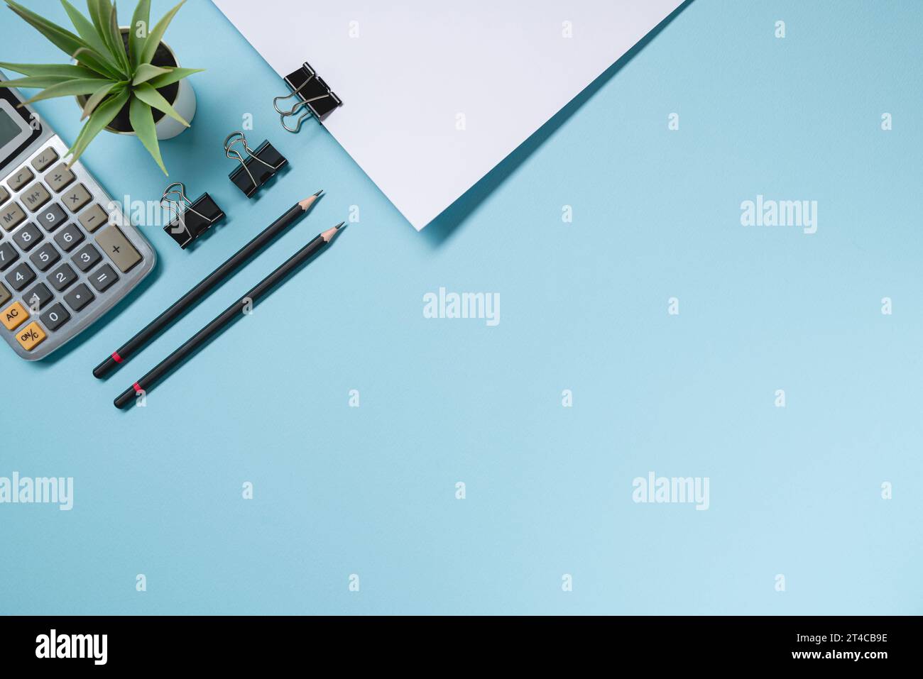 Vista dall'alto di notebook vuoto, penna, calcolatrice e pianta verde su una scrivania blu da ufficio Foto Stock