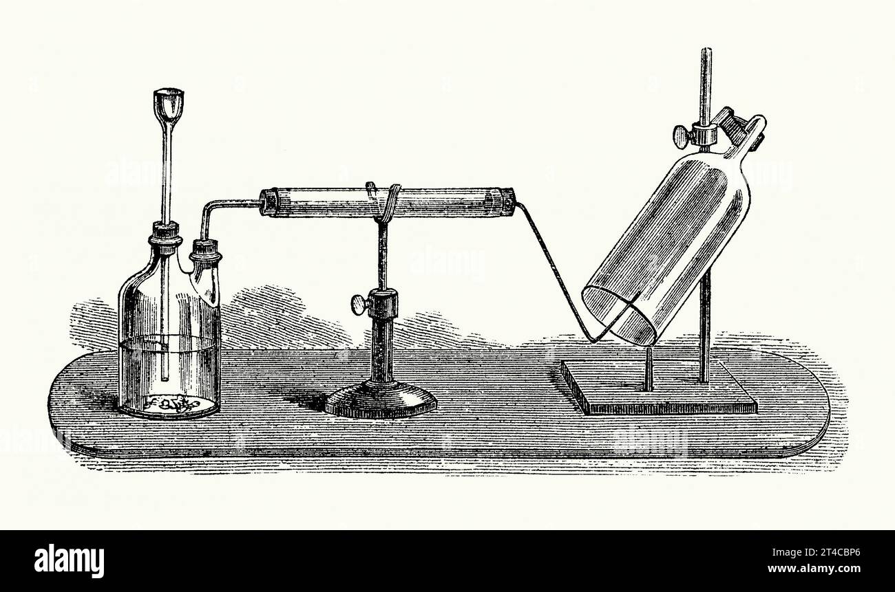 Una vecchia incisione che mostra l'apparato necessario per creare e bruciare idrogeno. È tratto dal libro vittoriano degli anni '1890 su sport, giochi e passatempi. I materiali necessari sono nella vaschetta sinistra: Zinco, acqua e acido cloridrico. La reazione produce il gas idrogeno, che passa lungo il tubo (centrale) che contiene piccoli pezzi di calce per essiccare il gas. Il gas continua a erogare un piccolo ugello (a destra). Se acceso, brucia combinandosi con l'ossigeno nell'aria per produrre acqua (questa è chiamata sintesi). Quando un vaso a campana viene posizionato sopra la fiamma, l'acqua si condensa sulla sua superficie. Foto Stock