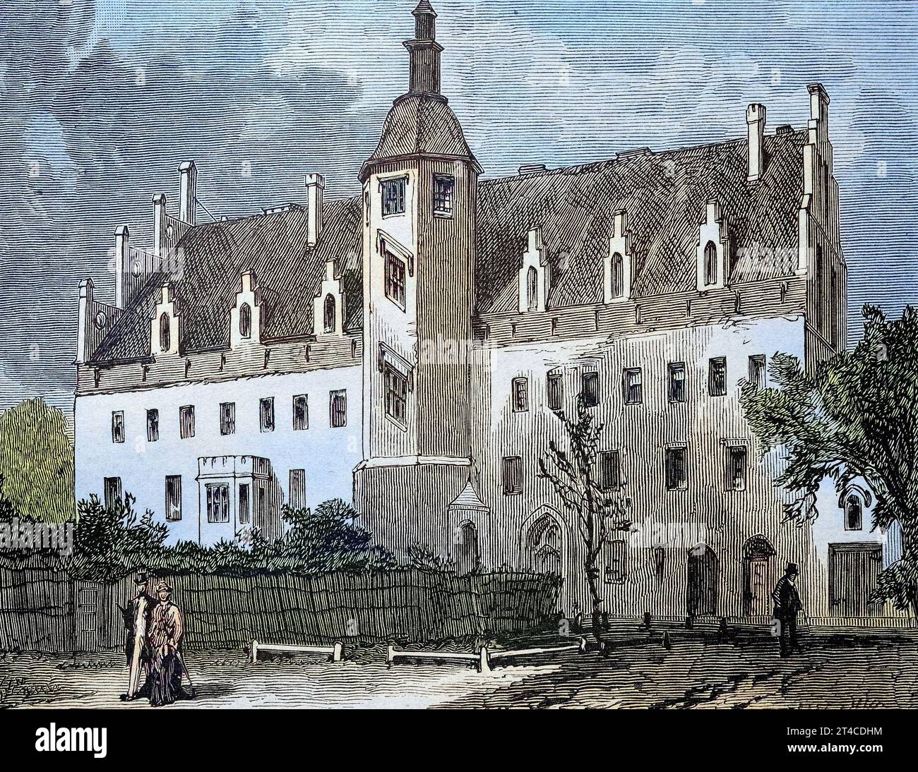 DAS ehemalige Universitätsgebäude a Wittenberg, Deutschland, Reproduktion eines Holzschnitts von 1882, digital verbessert / l'ex edificio universitario a Wittenberg, Germania, riproduzione di una xilografia del 1882, digitale migliorata Foto Stock