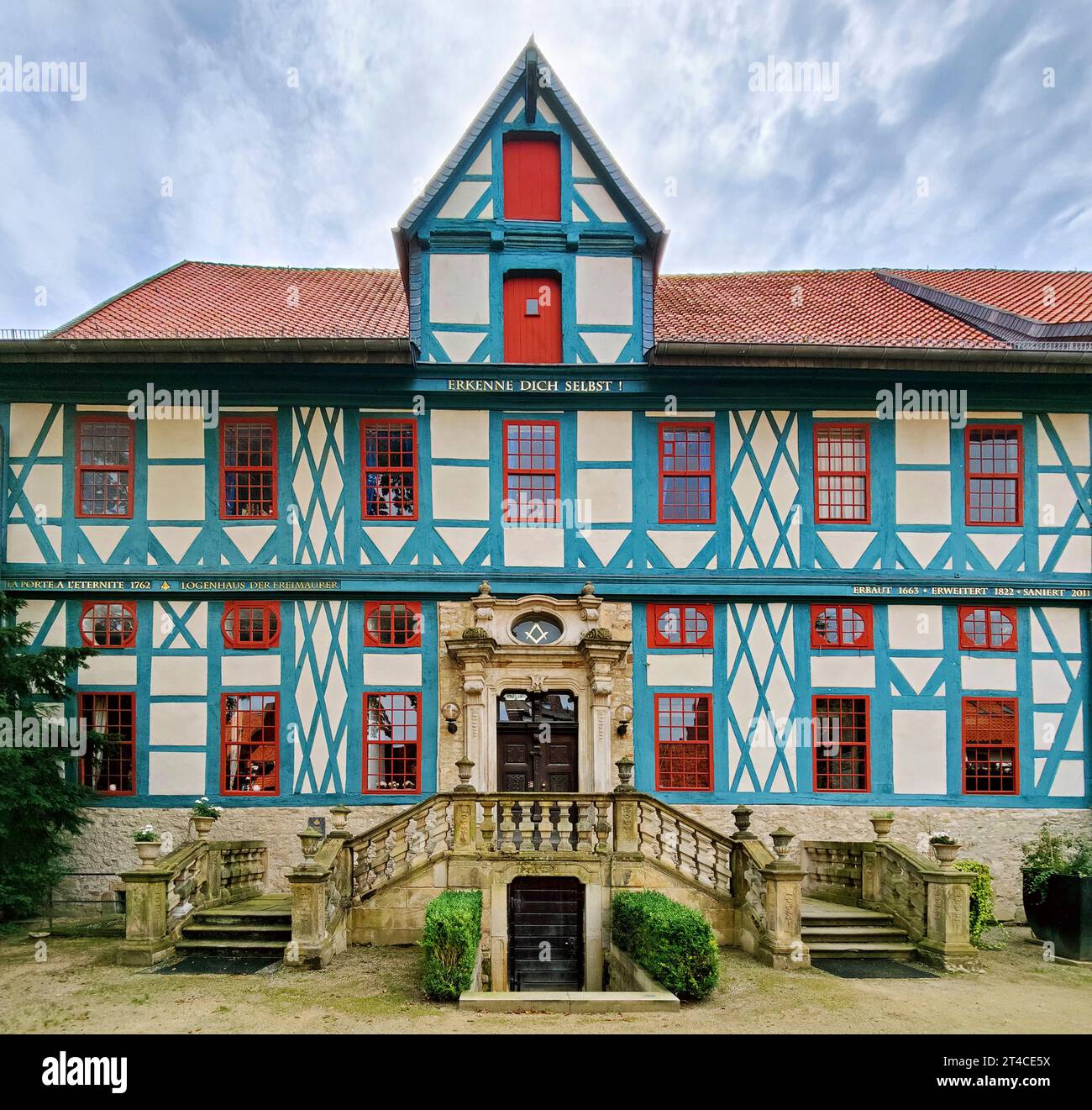 Hildesheim, loggia massonica porta al Tempio della luce, ex ufficio del Provosto della Cattedrale, Germania, bassa Sassonia, Hildesheim Foto Stock