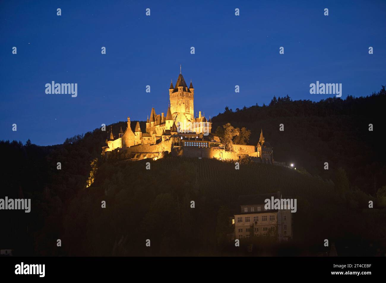 Castello imperiale di Cochem illuminato di sera, Germania, Renania-Palatinato, Cochem Foto Stock
