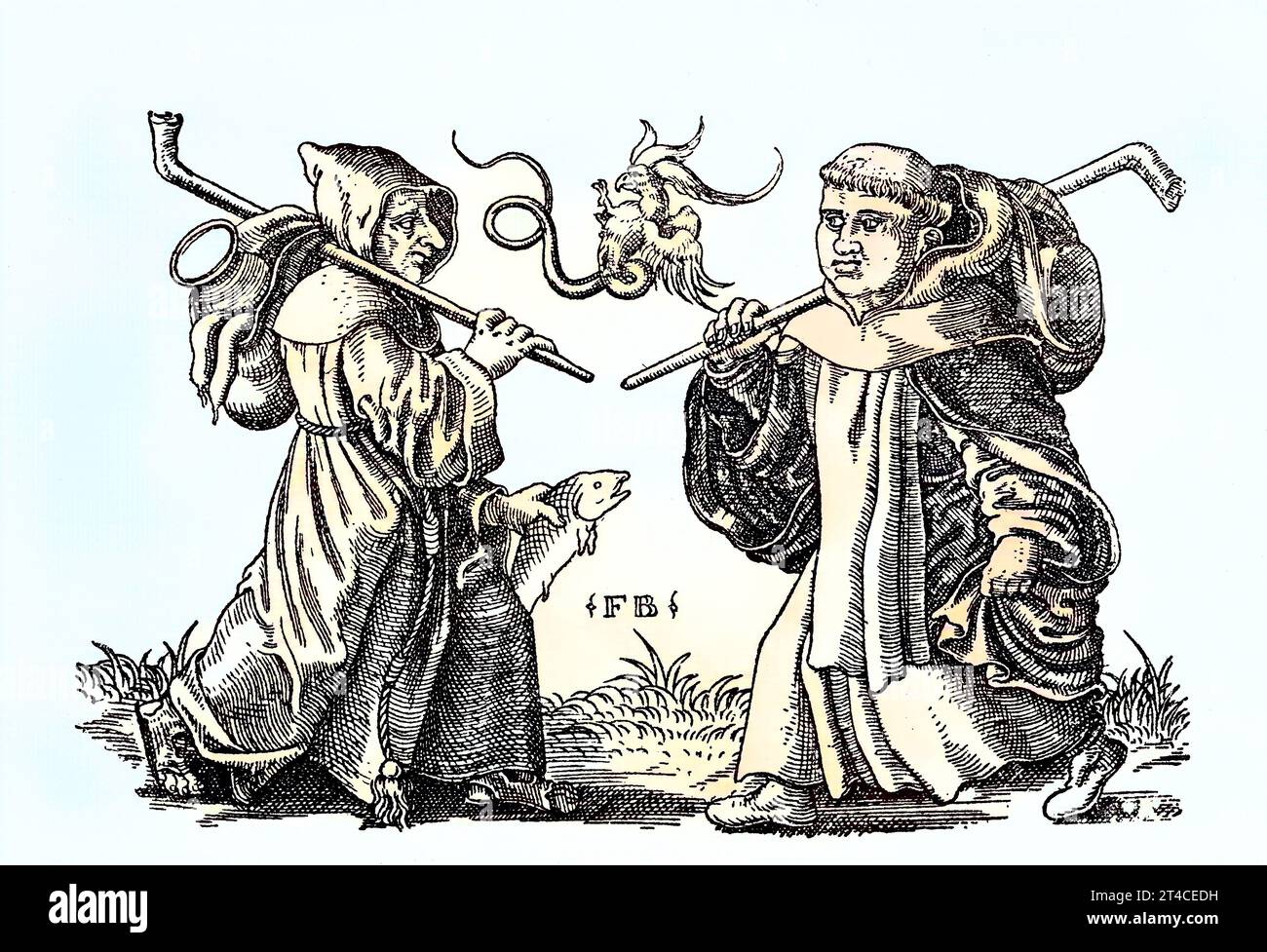 Digital restauriert, Zwei bettelnde Mönche, Kupferstich von Franz Brun um 1560, Veröffentlichung aus dem Jahr 1882 / Digital Improved:, two Begging monks, Copper Engraving by Franz Brun around 1560, Publication from the Year 1882 Foto Stock