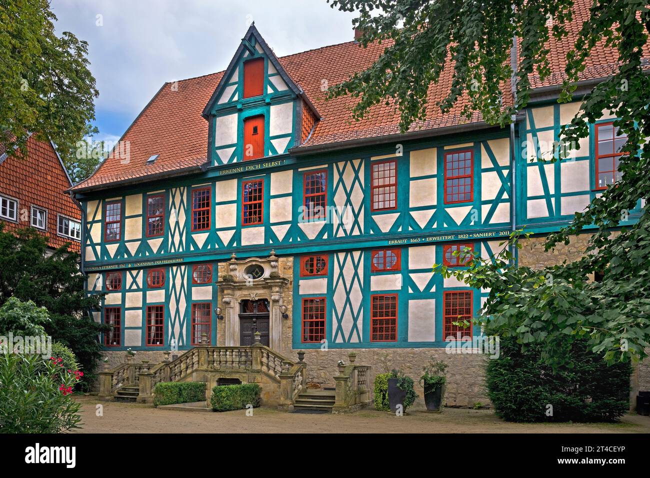 Hildesheim, loggia massonica porta al Tempio della luce, ex ufficio del Provosto della Cattedrale, Germania, bassa Sassonia, Hildesheim Foto Stock