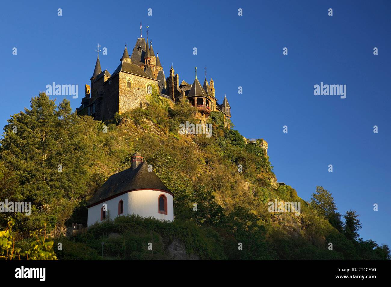 Castello imperiale di Cochem e Cappella della peste di San Rocco, Germania, Renania-Palatinato, Cochem Foto Stock