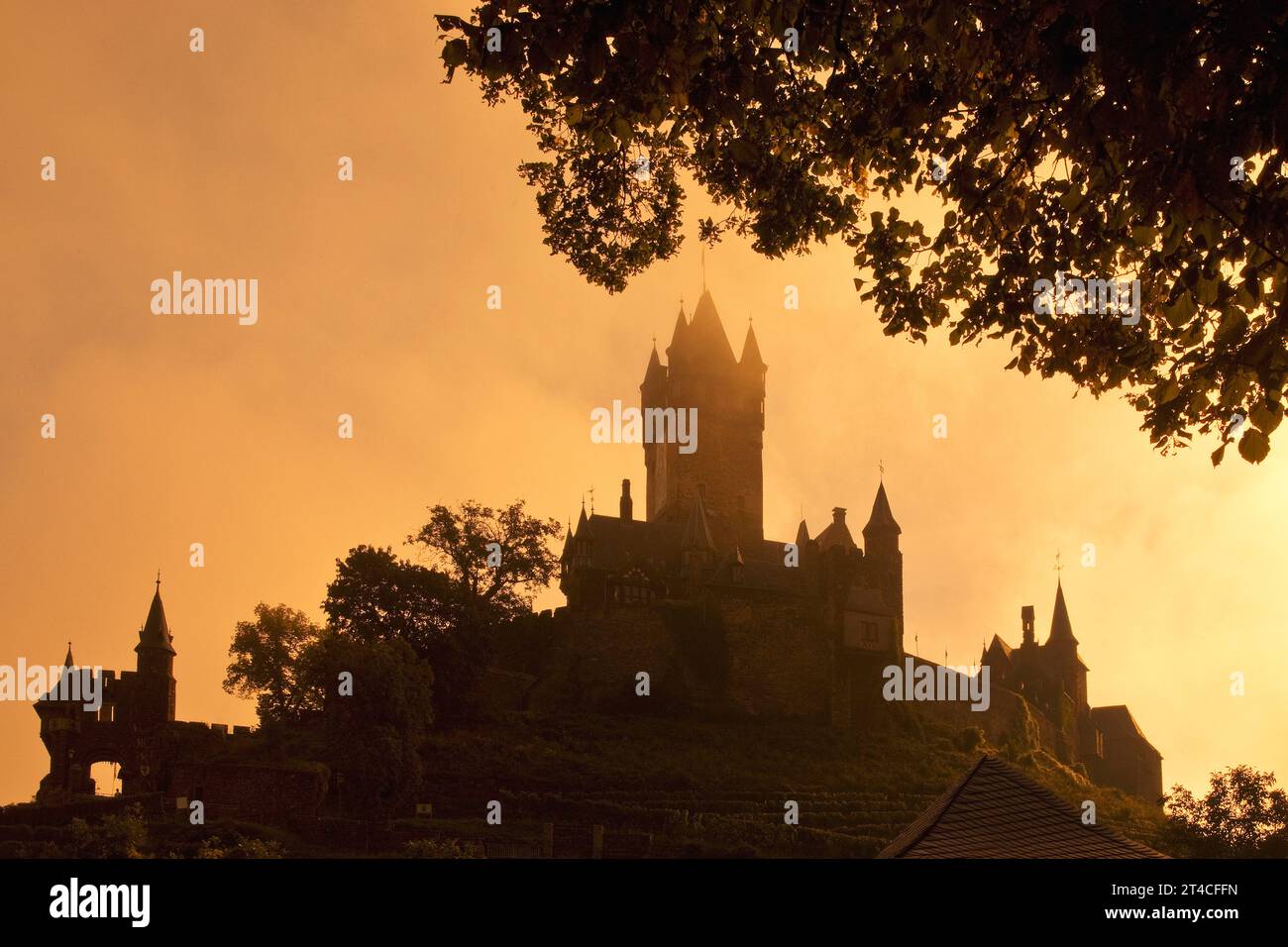 Castello imperiale di Cochem all'alba, Germania, Renania-Palatinato, Cochem Foto Stock