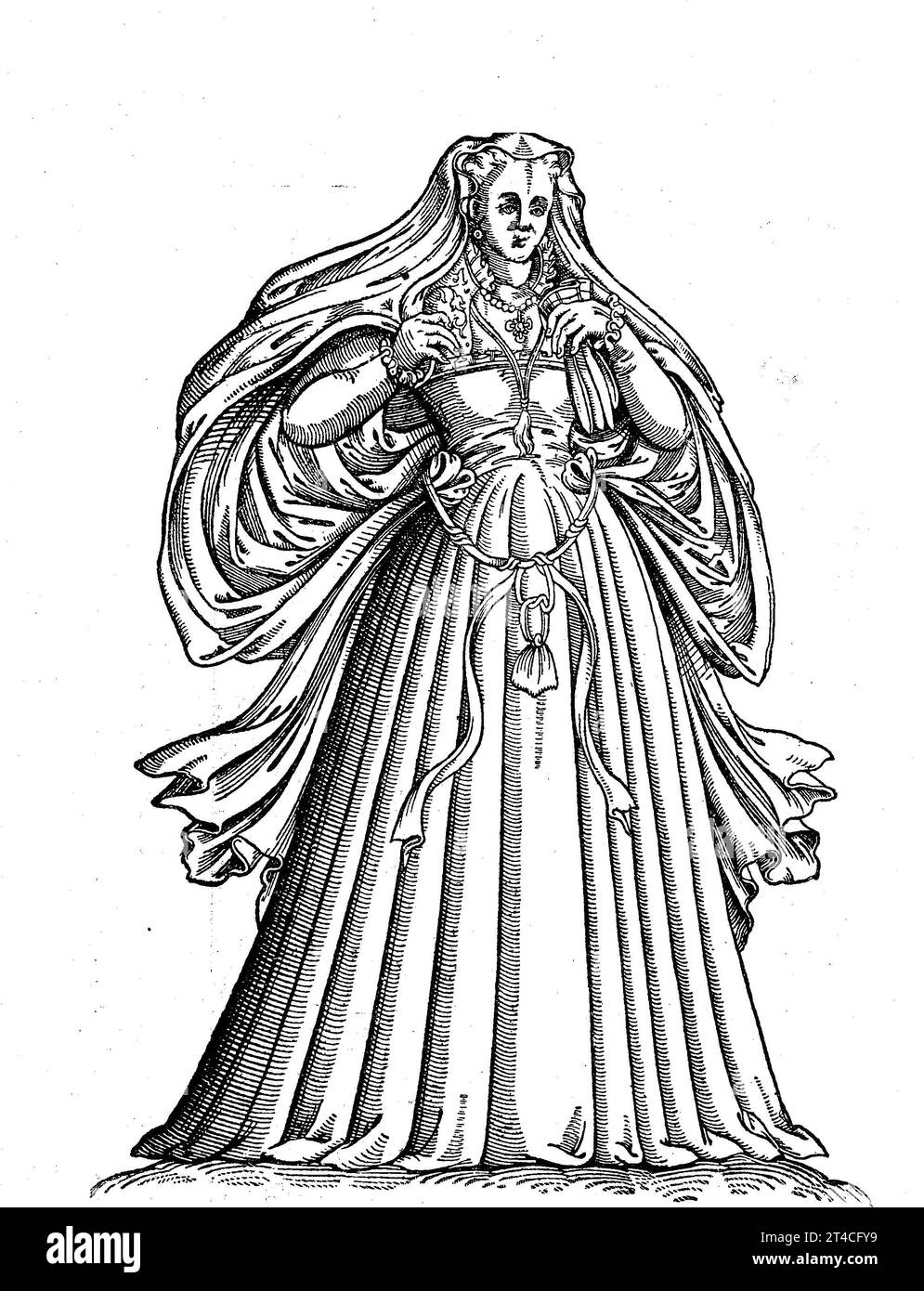 Frauentracht aus dem 16. Jahrhundert, Jost Ammann Trachtenbuch, digital verbesserte Reproduktion einer Publikation aus dem Jahr 1880 / Women's costume from the 16th Century, Jost Ammann costume book, digital improved playback from a Publication of the Year 1880 Foto Stock