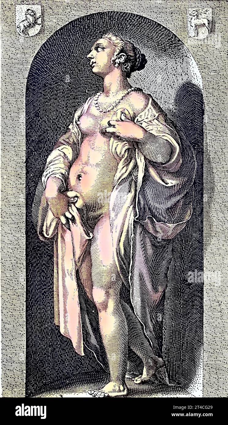 Symbolische Darstellung der weiblichen Wollust, Kupferstich von Heinrich Goltzius, 16. Jahrhundert, digital verbesserte Reproduktion aus einer Publikation des Jahres 1880 / rappresentazione simbolica della lusciosità femminile, incisione in rame di Heinrich Goltzius, XVI secolo, riproduzione digitale migliorata da una pubblicazione dell'anno 1880 Foto Stock